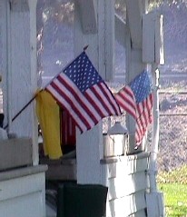 Shelter entrance with American flags